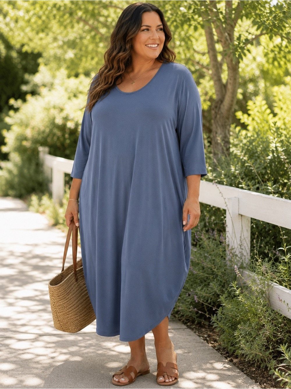 Azules Blue XL Flowy Midi Dress 3/4 Sleeve Stretch Made USA